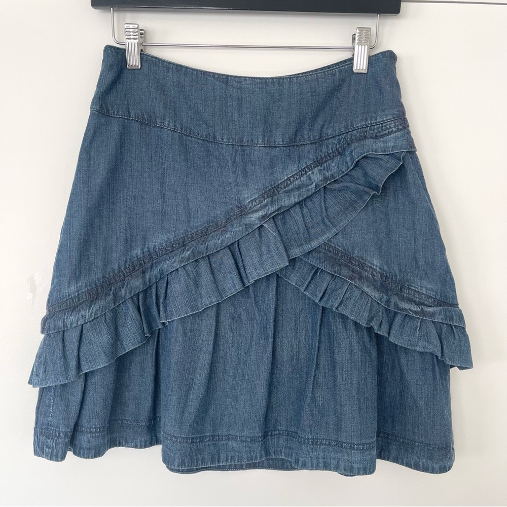 Anthropologie Blue Denim Ruffle Mini Skirt